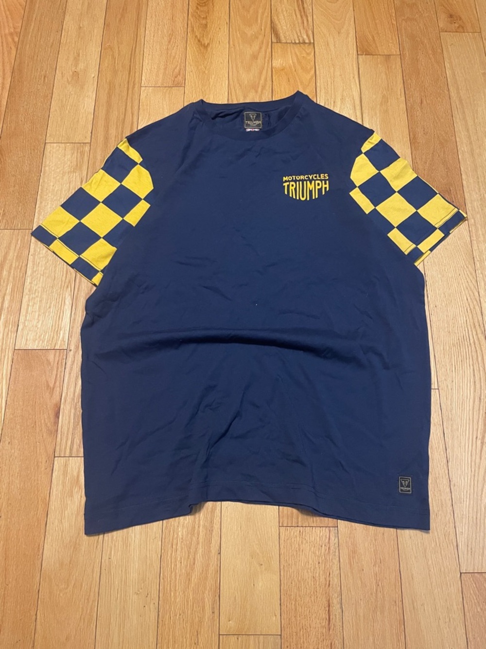 Triumph Navy T-Shirt with Yellow Checker Sleeve Accents